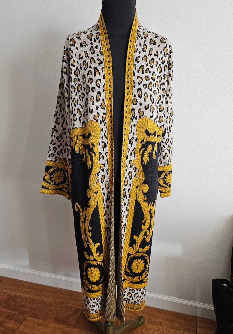 NWT $368 MAX SPORT Wool Blend Long Duster Cardigan Sweater Leopard Black L